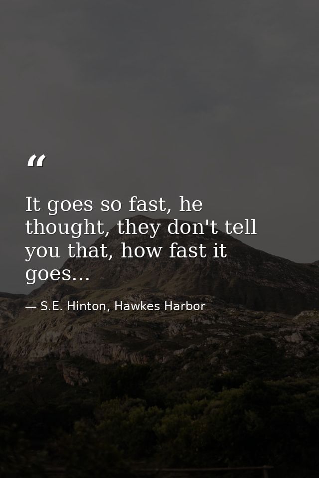 It goes so fast, he thought, they don't tell you that, how fast it goes... — S.E. Hinton, Hawkes Harbor