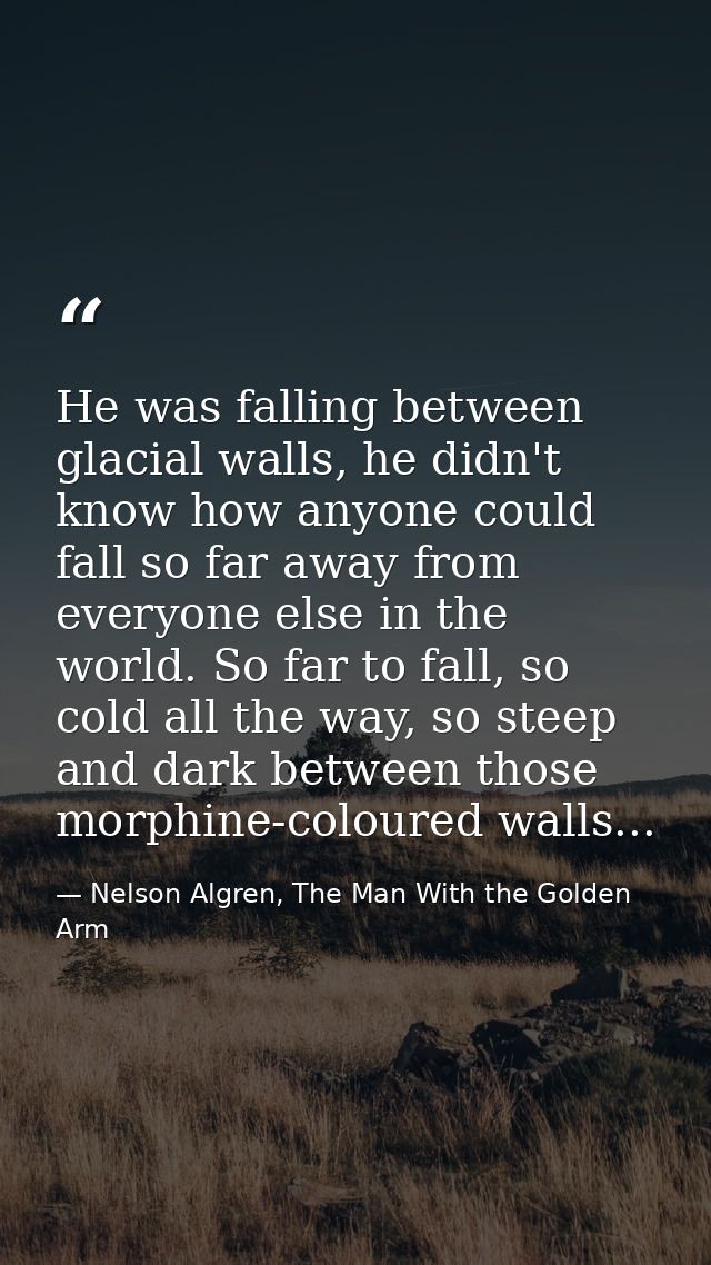 He was falling between glacial walls, he didn't know how anyone could fall so far away from everyone else in the world.  — Nelson Algren, The Man With the Golden Arm