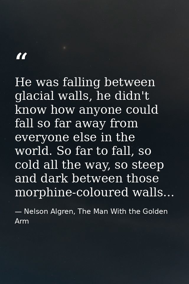 He was falling between glacial walls, he didn't know how anyone could fall so far away from everyone else in the world.  — Nelson Algren, The Man With the Golden Arm