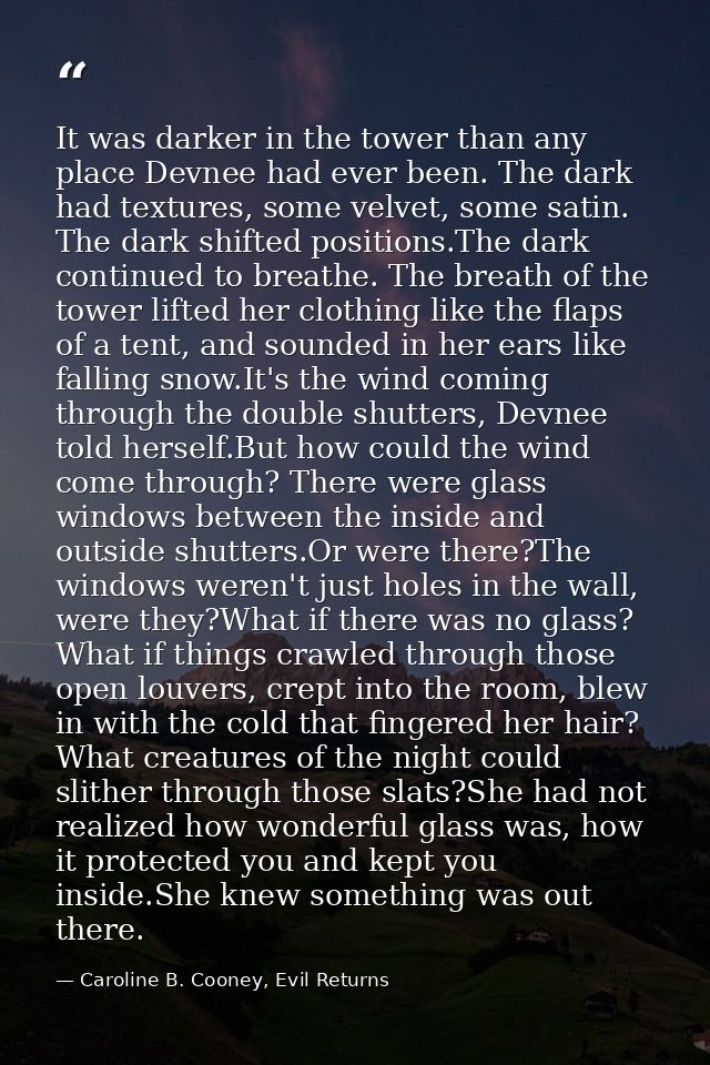 It was darker in the tower than any place Devnee had ever been. The dark had textures, some velvet, some satin. The dark — Caroline B. Cooney, Evil Returns