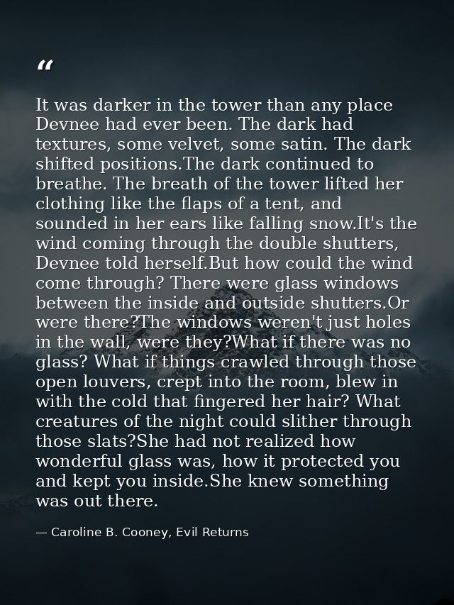 It was darker in the tower than any place Devnee had ever been. The dark had textures, some velvet, some satin. The dark — Caroline B. Cooney, Evil Returns