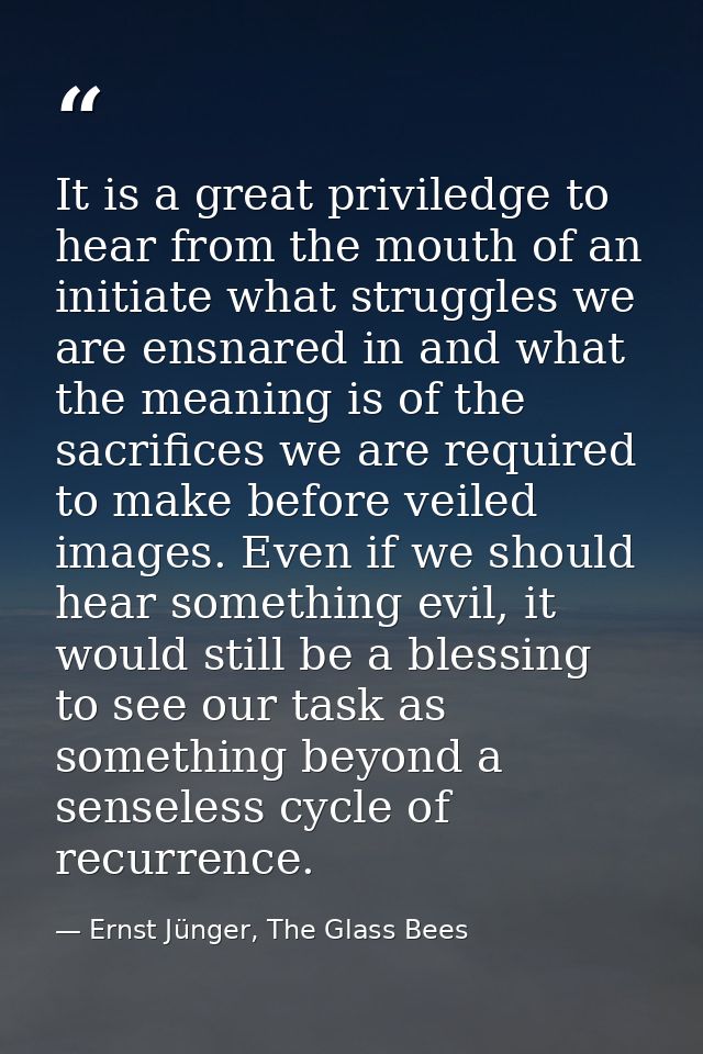 It is a great priviledge to hear from the mouth of an initiate what struggles we are ensnared in and what the meaning is — Ernst Jünger, The Glass Bees