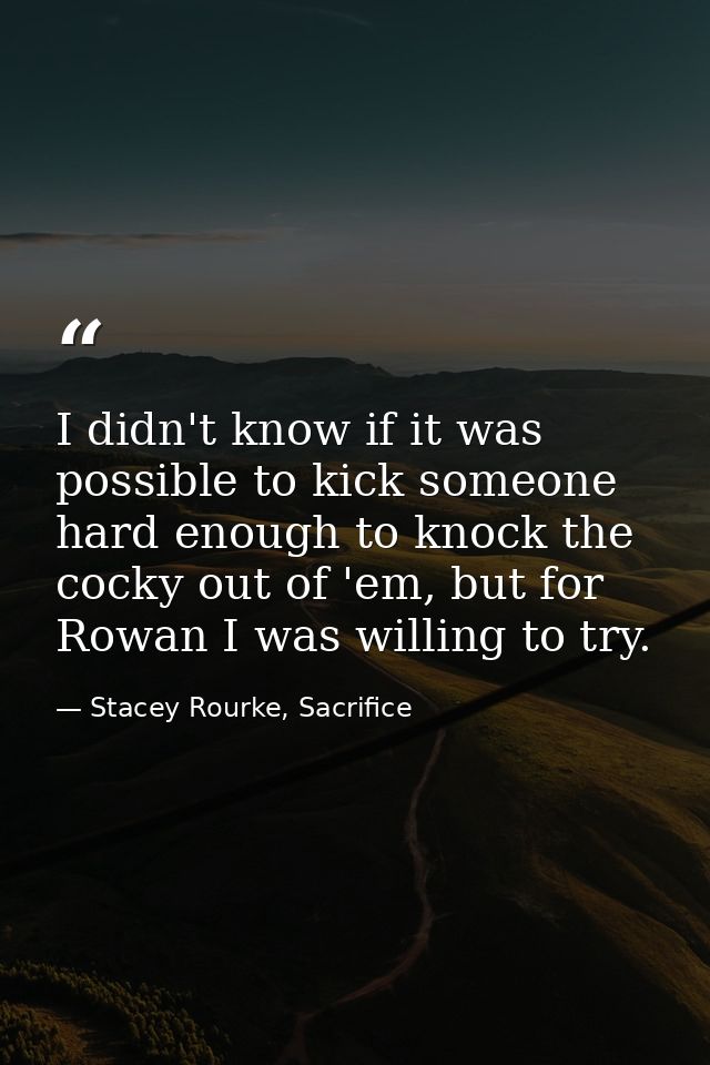 I didn't know if it was possible to kick someone hard enough to knock the cocky out of 'em, but for Rowan I was willing  — Stacey Rourke, Sacrifice