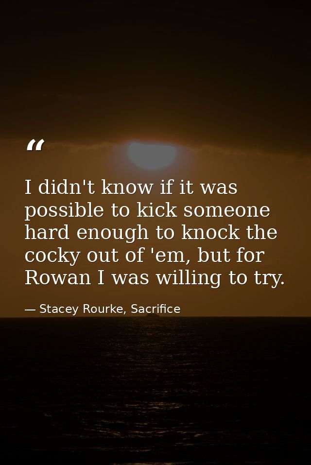 I didn't know if it was possible to kick someone hard enough to knock the cocky out of 'em, but for Rowan I was willing  — Stacey Rourke, Sacrifice