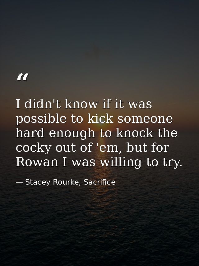 I didn't know if it was possible to kick someone hard enough to knock the cocky out of 'em, but for Rowan I was willing  — Stacey Rourke, Sacrifice