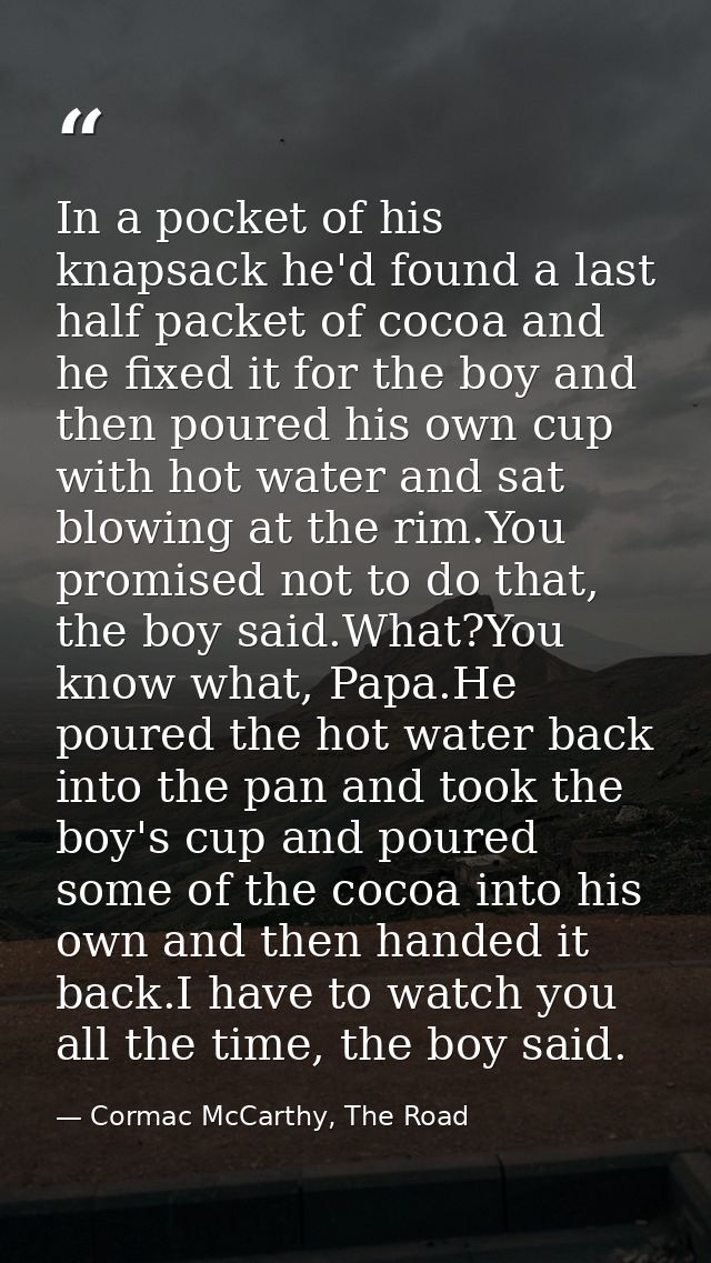 In a pocket of his knapsack he'd found a last half packet of cocoa and he fixed it for the boy and then poured his own c — Cormac McCarthy, The Road