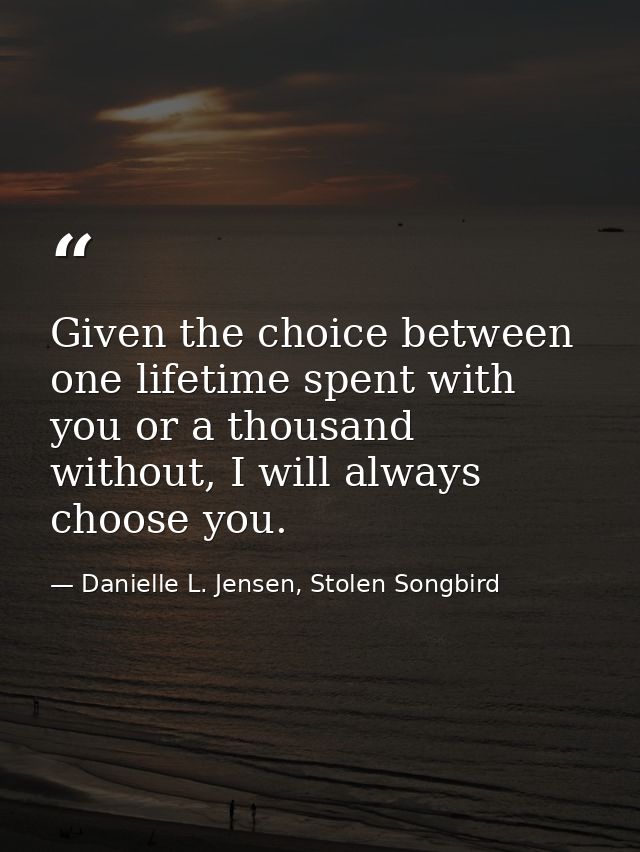 Given the choice between one lifetime spent with you or a thousand without, I will always choose you. — Danielle L. Jensen, Stolen Songbird