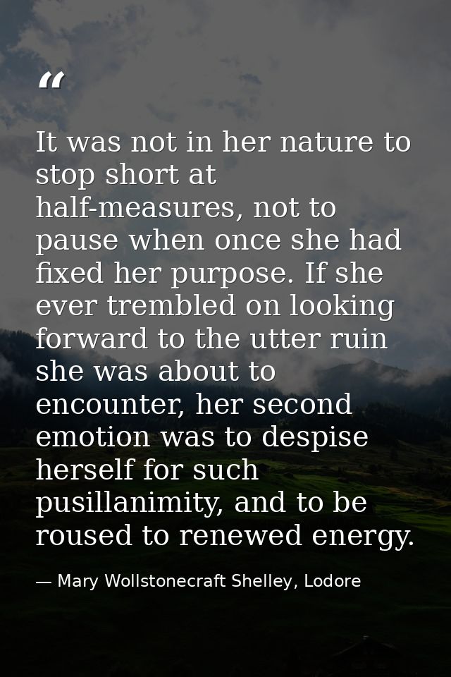 It was not in her nature to stop short at half-measures, not to pause when once she had fixed her purpose. If she ever t — Mary Wollstonecraft Shelley, Lodore