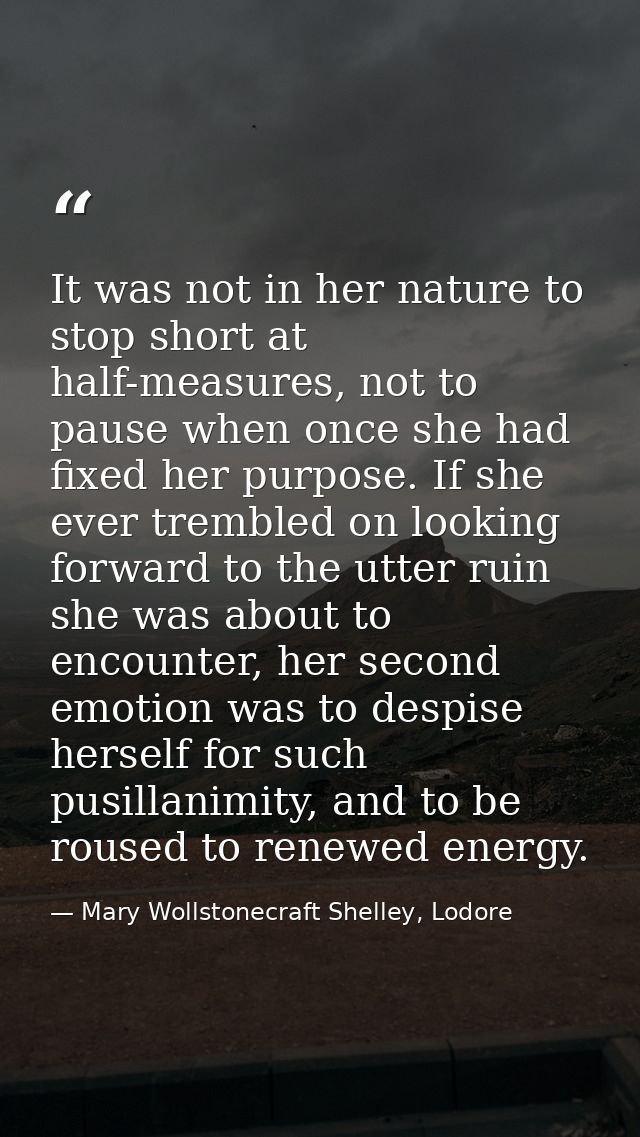 It was not in her nature to stop short at half-measures, not to pause when once she had fixed her purpose. If she ever t — Mary Wollstonecraft Shelley, Lodore