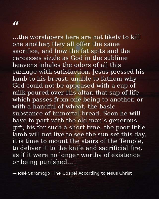 …the worshipers here are not likely to kill one another, they all offer the same sacrifice, and how the fat spits and th — José Saramago, The Gospel According to Jesus Christ