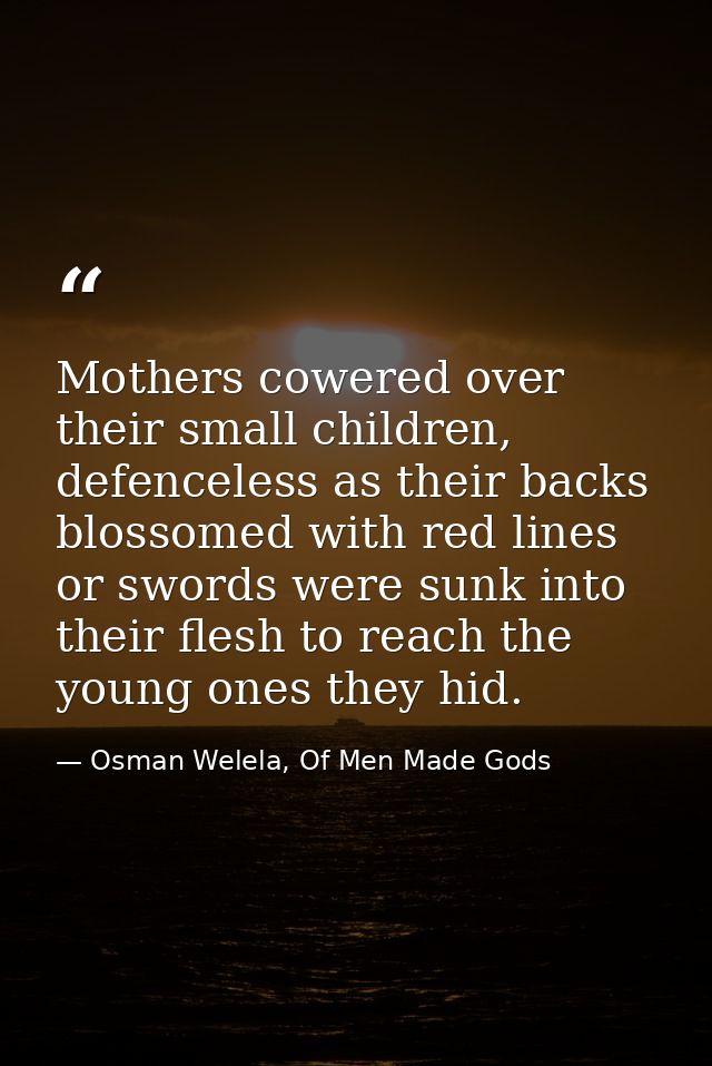 Mothers cowered over their small children, defenceless as their backs blossomed with red lines or swords were sunk into  — Osman Welela, Of Men Made Gods