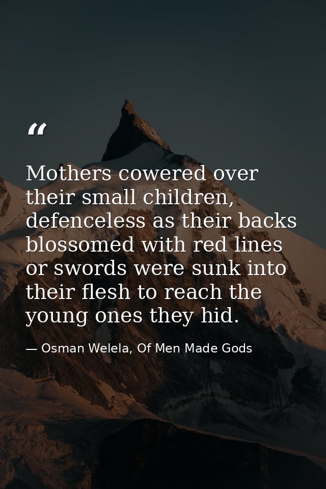 Mothers cowered over their small children, defenceless as their backs blossomed with red lines or swords were sunk into  — Osman Welela, Of Men Made Gods