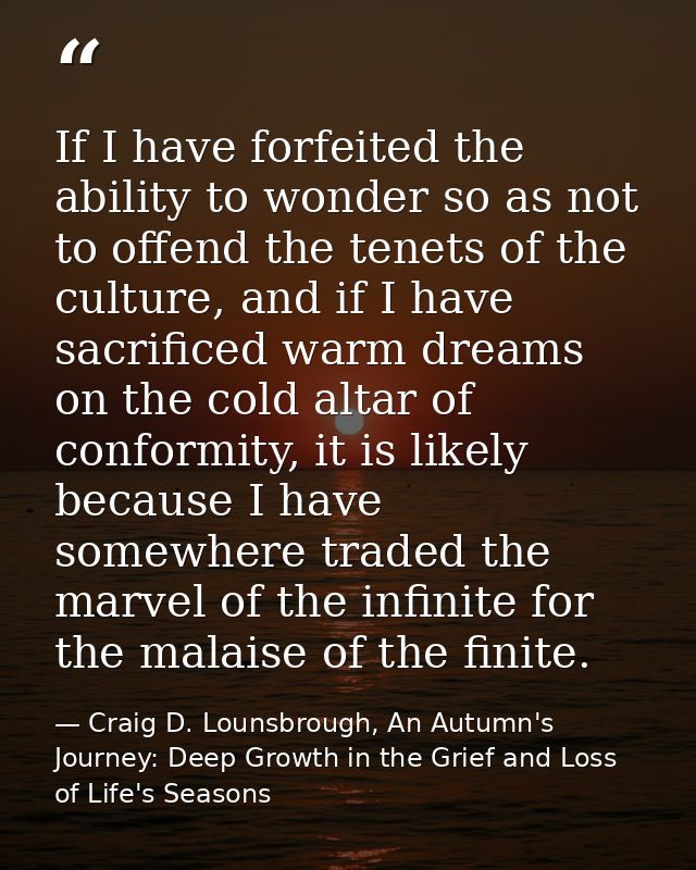 If I have forfeited the ability to wonder so as not to offend the tenets of the culture, and if I have sacrificed warm d — Craig D. Lounsbrough, An Autumn's Journey: Deep Growth in the Grief and Loss of Life's Seasons
