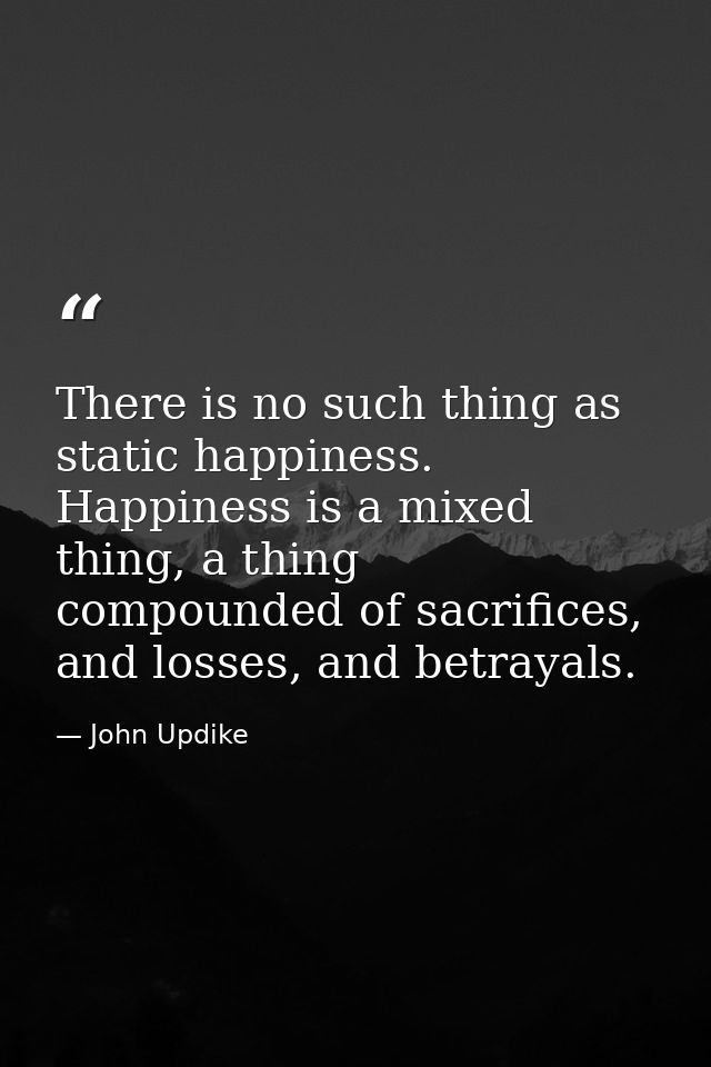 There is no such thing as static happiness. Happiness is a mixed thing, a thing compounded of sacrifices, and losses, an — John Updike