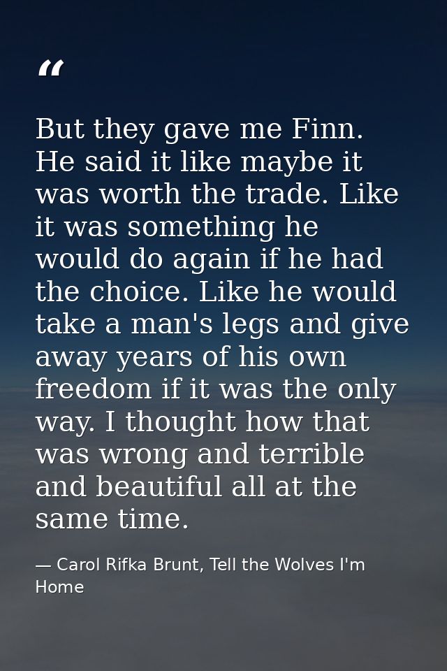 But they gave me Finn. He said it like maybe it was worth the trade. Like it was something he would do again if he had t — Carol Rifka Brunt, Tell the Wolves I'm Home