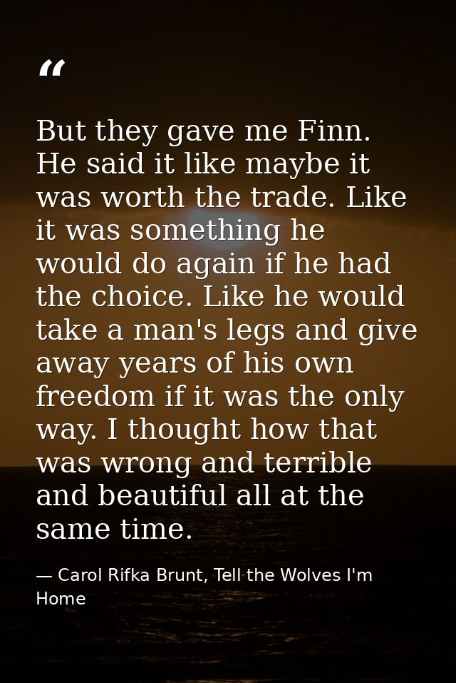 But they gave me Finn. He said it like maybe it was worth the trade. Like it was something he would do again if he had t — Carol Rifka Brunt, Tell the Wolves I'm Home