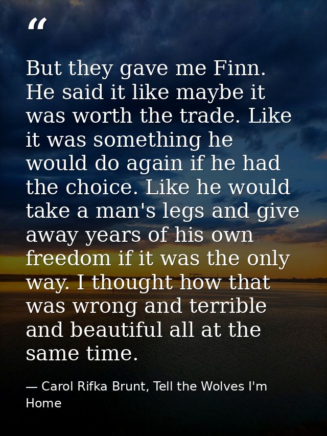 But they gave me Finn. He said it like maybe it was worth the trade. Like it was something he would do again if he had t — Carol Rifka Brunt, Tell the Wolves I'm Home