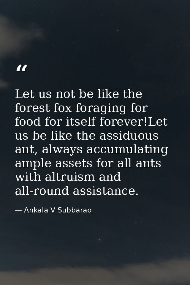 Let us not be like the forest fox foraging for food for itself forever!Let us be like the assiduous ant, always accumula — Ankala V Subbarao