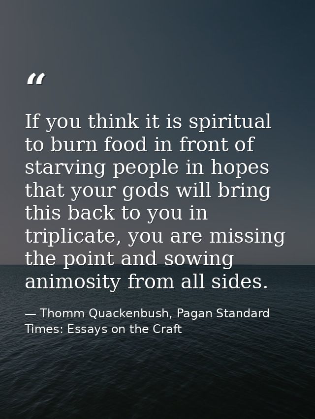 If you think it is spiritual to burn food in front of starving people in hopes that your gods will bring this back to yo — Thomm Quackenbush, Pagan Standard Times: Essays on the Craft