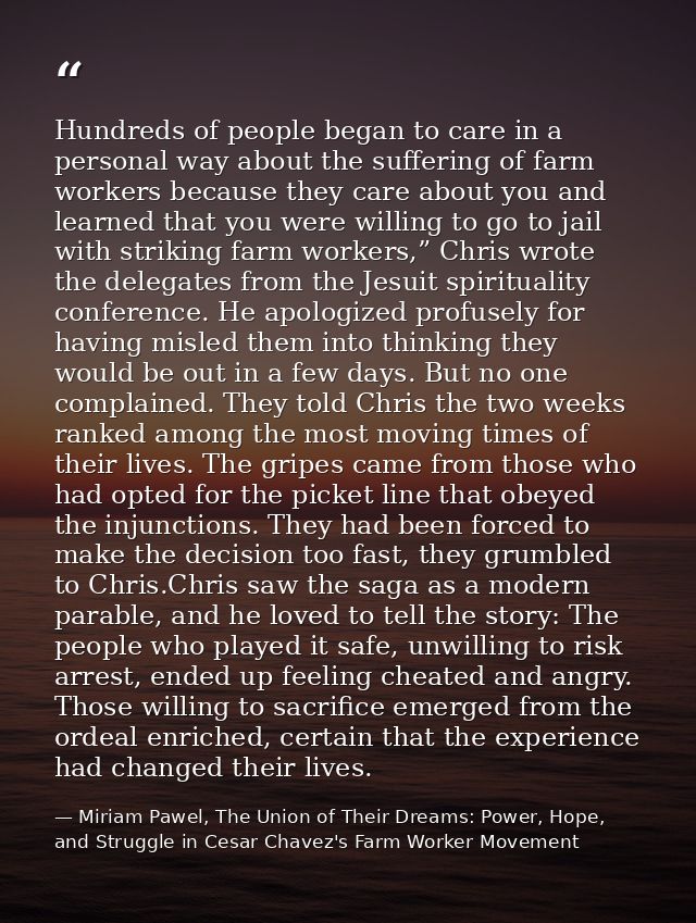 Hundreds of people began to care in a personal way about the suffering of farm workers because they care about you and l — Miriam Pawel, The Union of Their Dreams: Power, Hope, and Struggle in Cesar Chavez's Farm Worker Movement