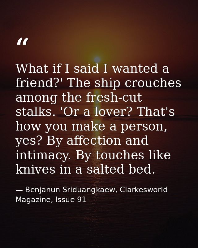 What if I said I wanted a friend?' The ship crouches among the fresh-cut stalks. 'Or a lover? That's how you make a pers — Benjanun Sriduangkaew, Clarkesworld Magazine, Issue 91