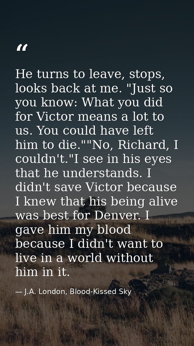 He turns to leave, stops, looks back at me. "Just so you know: What you did for Victor means a lot to us. You could have — J.A. London, Blood-Kissed Sky
