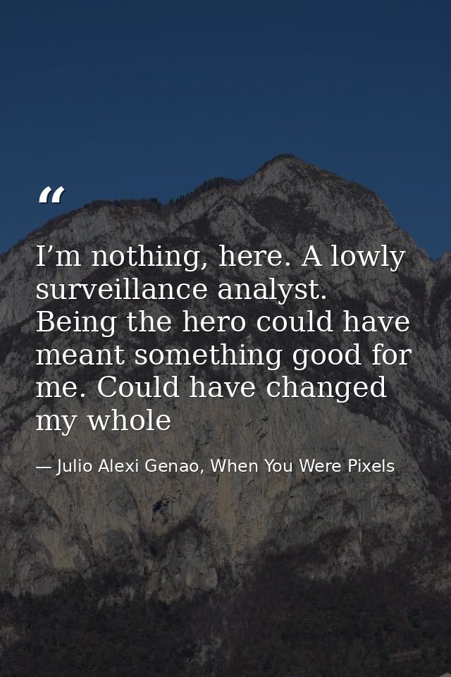 I’m nothing, here. A lowly surveillance analyst. Being the hero could have meant something good for me. Could have chang — Julio Alexi Genao, When You Were Pixels