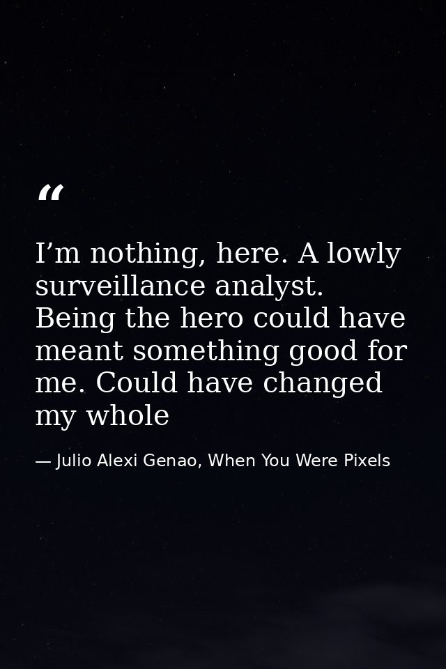 I’m nothing, here. A lowly surveillance analyst. Being the hero could have meant something good for me. Could have chang — Julio Alexi Genao, When You Were Pixels