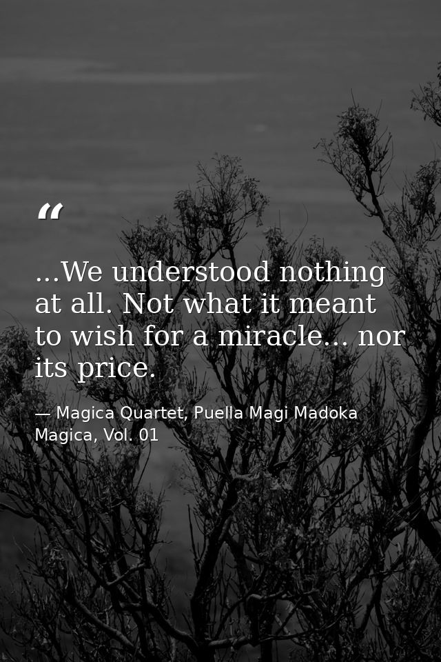 ...We understood nothing at all. Not what it meant to wish for a miracle... nor its price. — Magica Quartet, Puella Magi Madoka Magica, Vol. 01