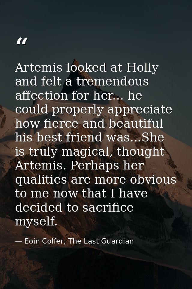 Artemis looked at Holly and felt a tremendous affection for her... he could properly appreciate how fierce and beautiful — Eoin Colfer, The Last Guardian