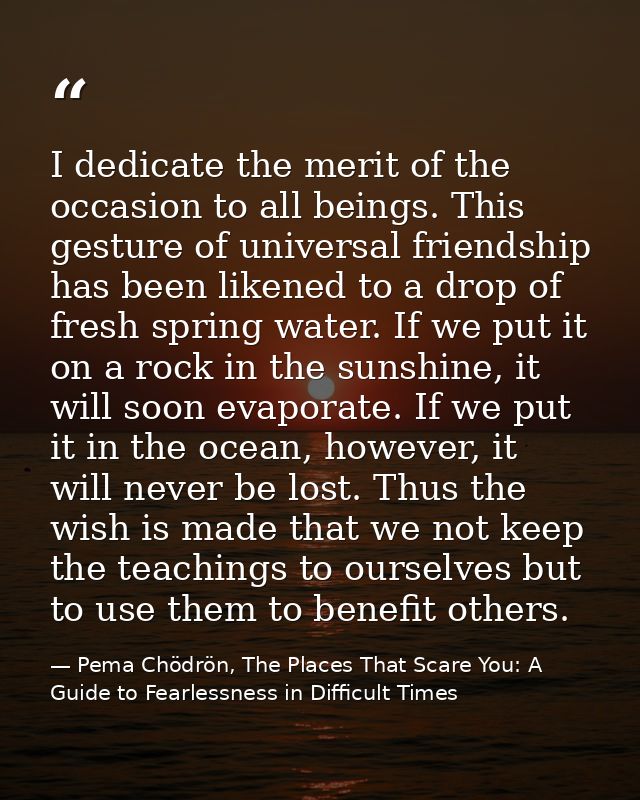 I dedicate the merit of the occasion to all beings. This gesture of universal friendship has been likened to a drop of f — Pema Chödrön, The Places That Scare You: A Guide to Fearlessness in Difficult Times