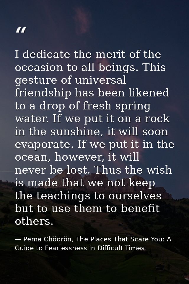 I dedicate the merit of the occasion to all beings. This gesture of universal friendship has been likened to a drop of f — Pema Chödrön, The Places That Scare You: A Guide to Fearlessness in Difficult Times