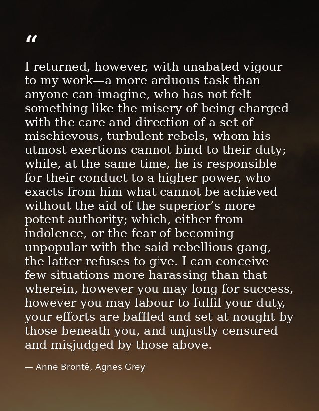 I returned, however, with unabated vigour to my work—a more arduous task than anyone can imagine, who has not felt somet — Anne Brontë, Agnes Grey