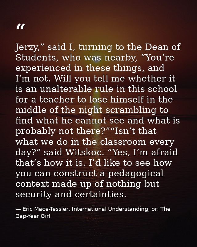 Jerzy,” said I, turning to the Dean of Students, who was nearby, “You’re experienced in these things, and I’m not. Will  — Eric Mace-Tessler, International Understanding, or: The Gap-Year Girl