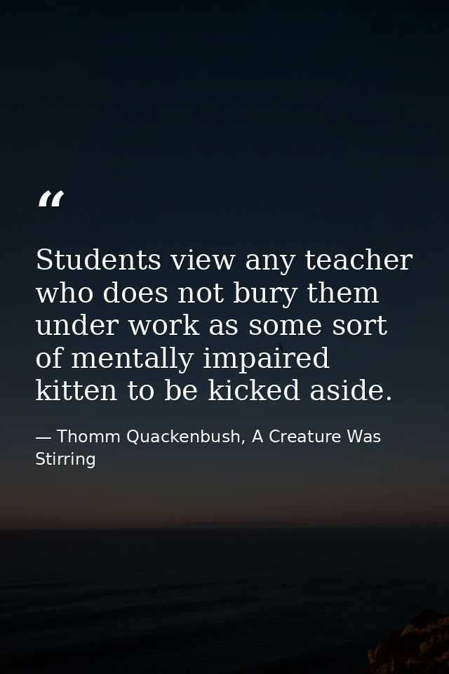 Students view any teacher who does not bury them under work as some sort of mentally impaired kitten to be kicked aside. — Thomm Quackenbush, A Creature Was Stirring