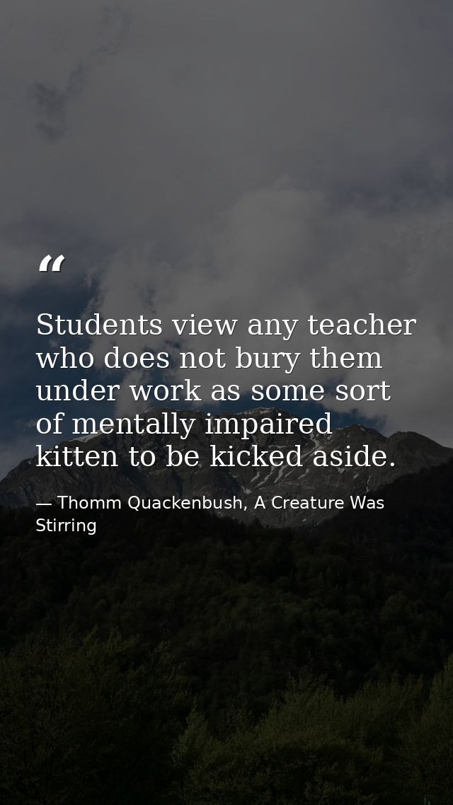 Students view any teacher who does not bury them under work as some sort of mentally impaired kitten to be kicked aside. — Thomm Quackenbush, A Creature Was Stirring