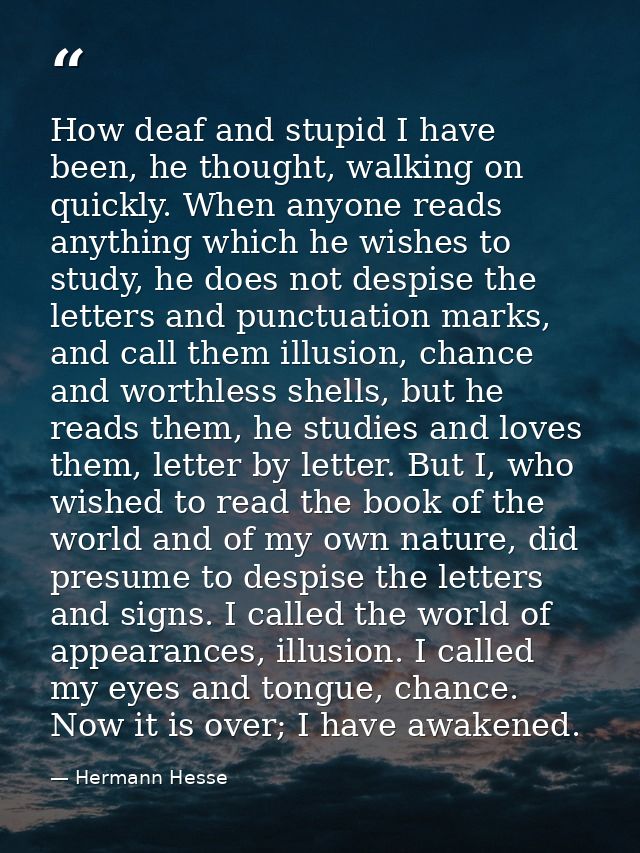 How deaf and stupid I have been, he thought, walking on quickly. When anyone reads anything which he wishes to study, he — Hermann Hesse