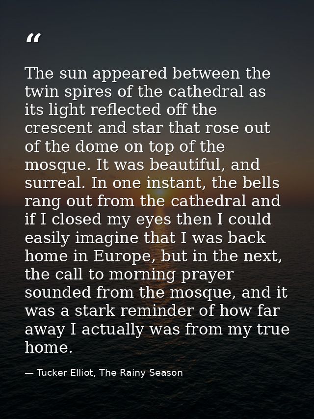 The sun appeared between the twin spires of the cathedral as its light reflected off the crescent and star that rose out — Tucker Elliot, The Rainy Season