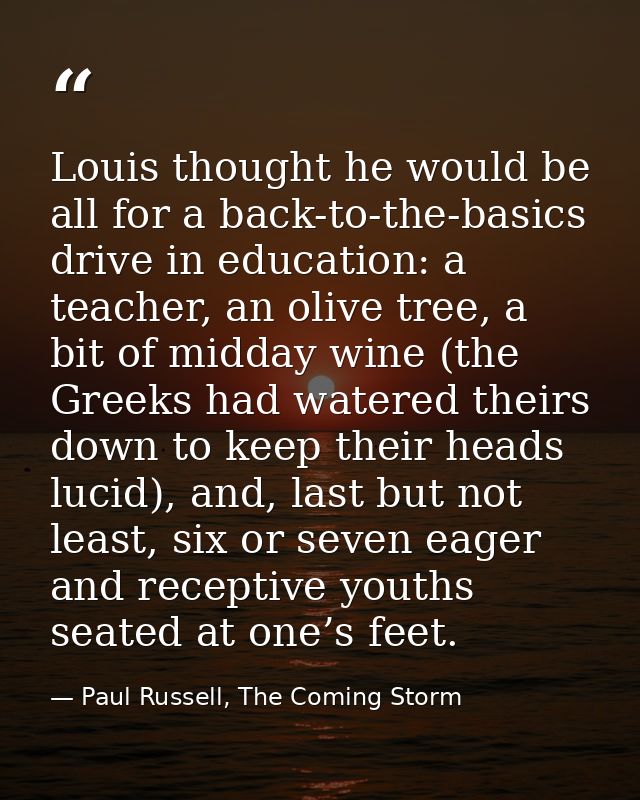 Louis thought he would be all for a back-to-the-basics drive in education: a teacher, an olive tree, a bit of midday win — Paul Russell, The Coming Storm