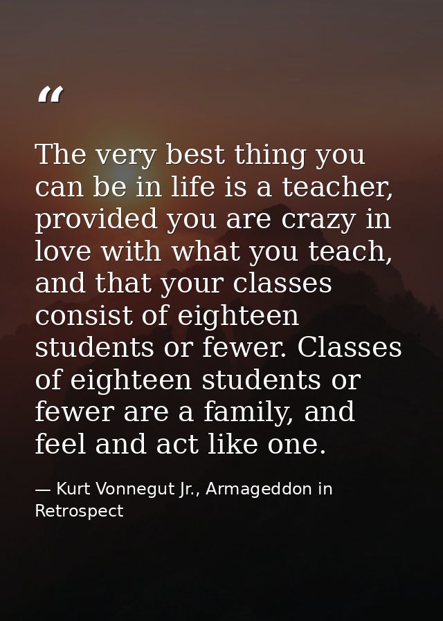 The very best thing you can be in life is a teacher, provided you are crazy in love with what you teach, and that your c — Kurt Vonnegut Jr., Armageddon in Retrospect