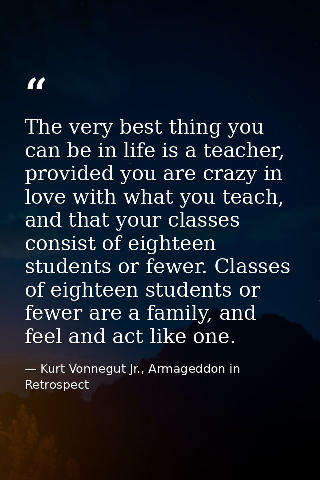 The very best thing you can be in life is a teacher, provided you are crazy in love with what you teach, and that your c — Kurt Vonnegut Jr., Armageddon in Retrospect