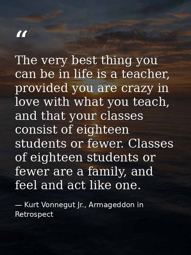 The very best thing you can be in life is a teacher, provided you are crazy in love with what you teach, and that your c — Kurt Vonnegut Jr., Armageddon in Retrospect