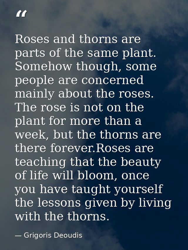 Roses and thorns are parts of the same plant. Somehow though, some people are concerned mainly about the roses. The rose — Grigoris Deoudis