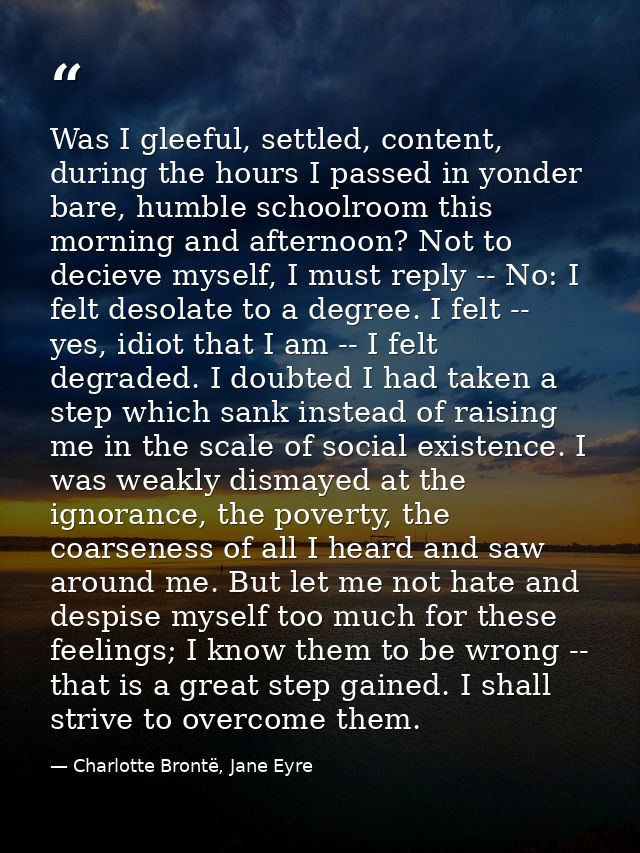 Was I gleeful, settled, content, during the hours I passed in yonder bare, humble schoolroom this morning and afternoon? — Charlotte Brontë, Jane Eyre