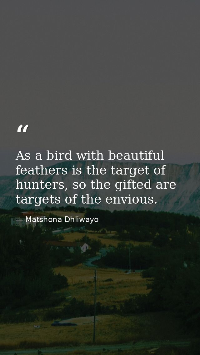 As a bird with beautiful feathers is the target of hunters, so the gifted are targets of the envious. — Matshona Dhliwayo
