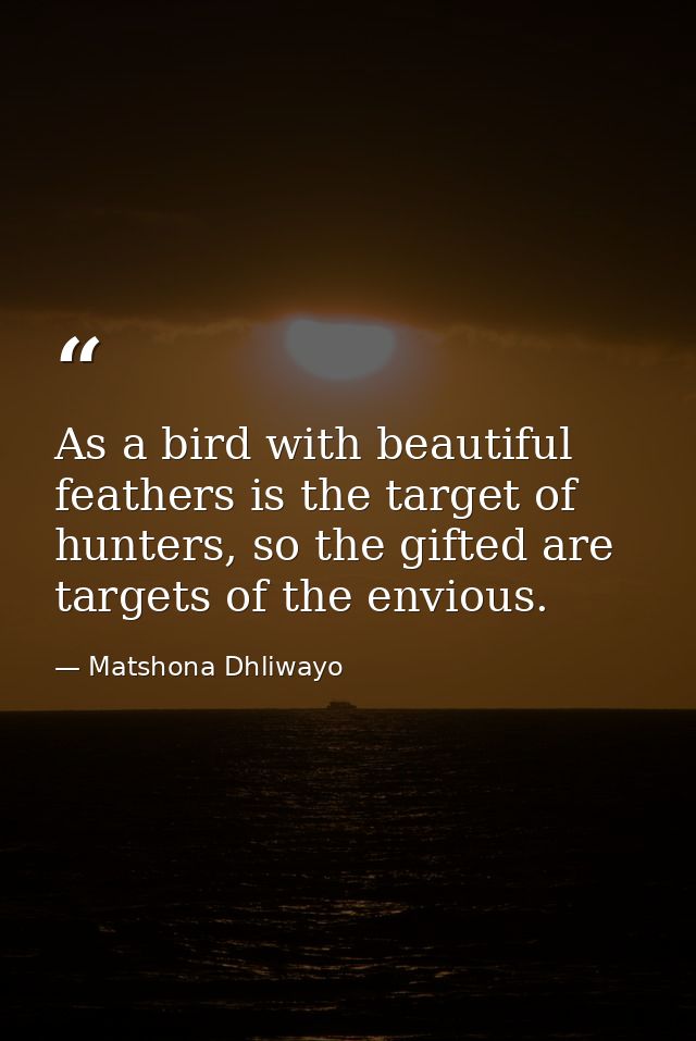 As a bird with beautiful feathers is the target of hunters, so the gifted are targets of the envious. — Matshona Dhliwayo