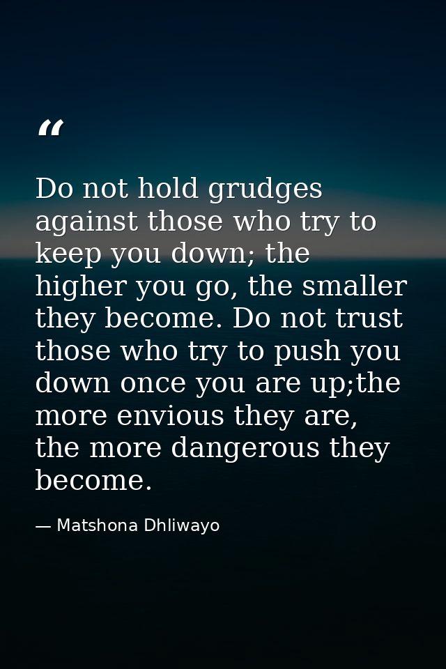 Do not hold grudges against those who try to keep you down; the higher you go, the smaller they become. Do not trust tho — Matshona Dhliwayo