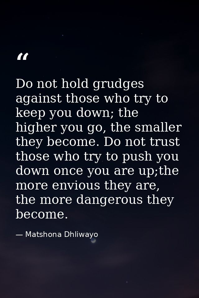 Do not hold grudges against those who try to keep you down; the higher you go, the smaller they become. Do not trust tho — Matshona Dhliwayo
