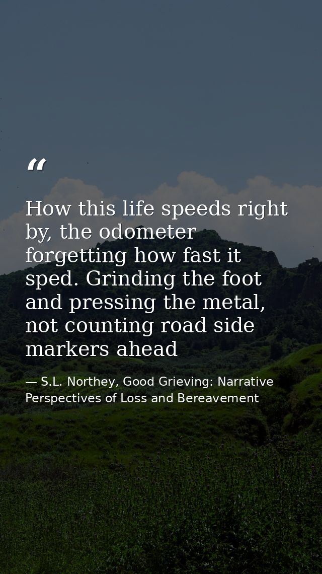 How this life speeds right by, the odometer forgetting how fast it sped. Grinding the foot and pressing the metal, not c — S.L. Northey, Good Grieving: Narrative Perspectives of Loss and Bereavement