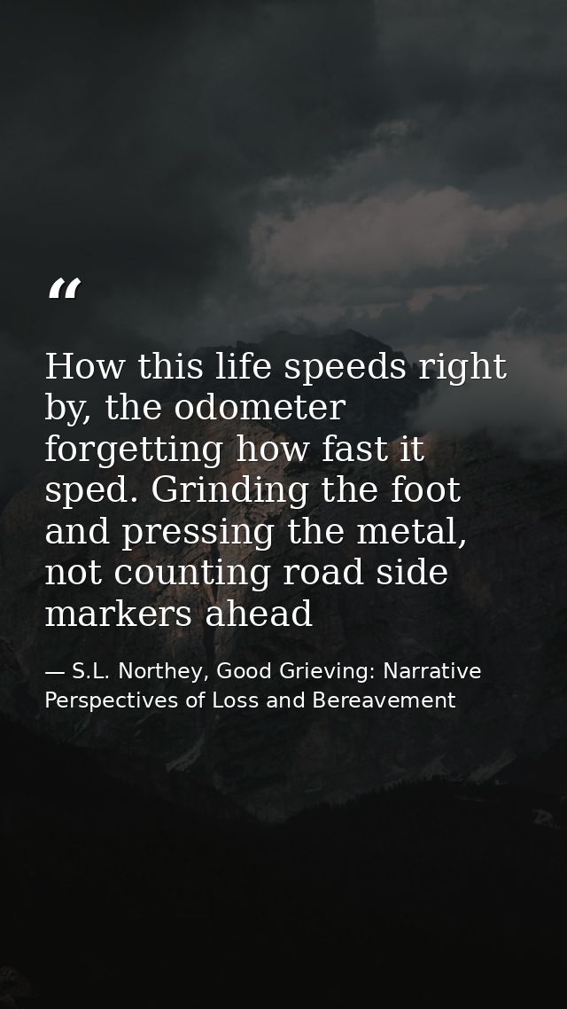 How this life speeds right by, the odometer forgetting how fast it sped. Grinding the foot and pressing the metal, not c — S.L. Northey, Good Grieving: Narrative Perspectives of Loss and Bereavement